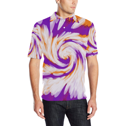 Purple Orange Tie Dye Swirl Abstract Men's All Over Print Polo Shirt (Model T55)