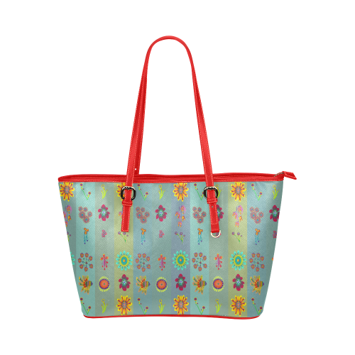 Tropical Flowers on Ocean Stripes 1 Leather Tote Bag/Large (Model 1651)