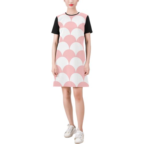 Abstract  pattern - pink and white. Short-Sleeve Round Neck A-Line Dress (Model D47)