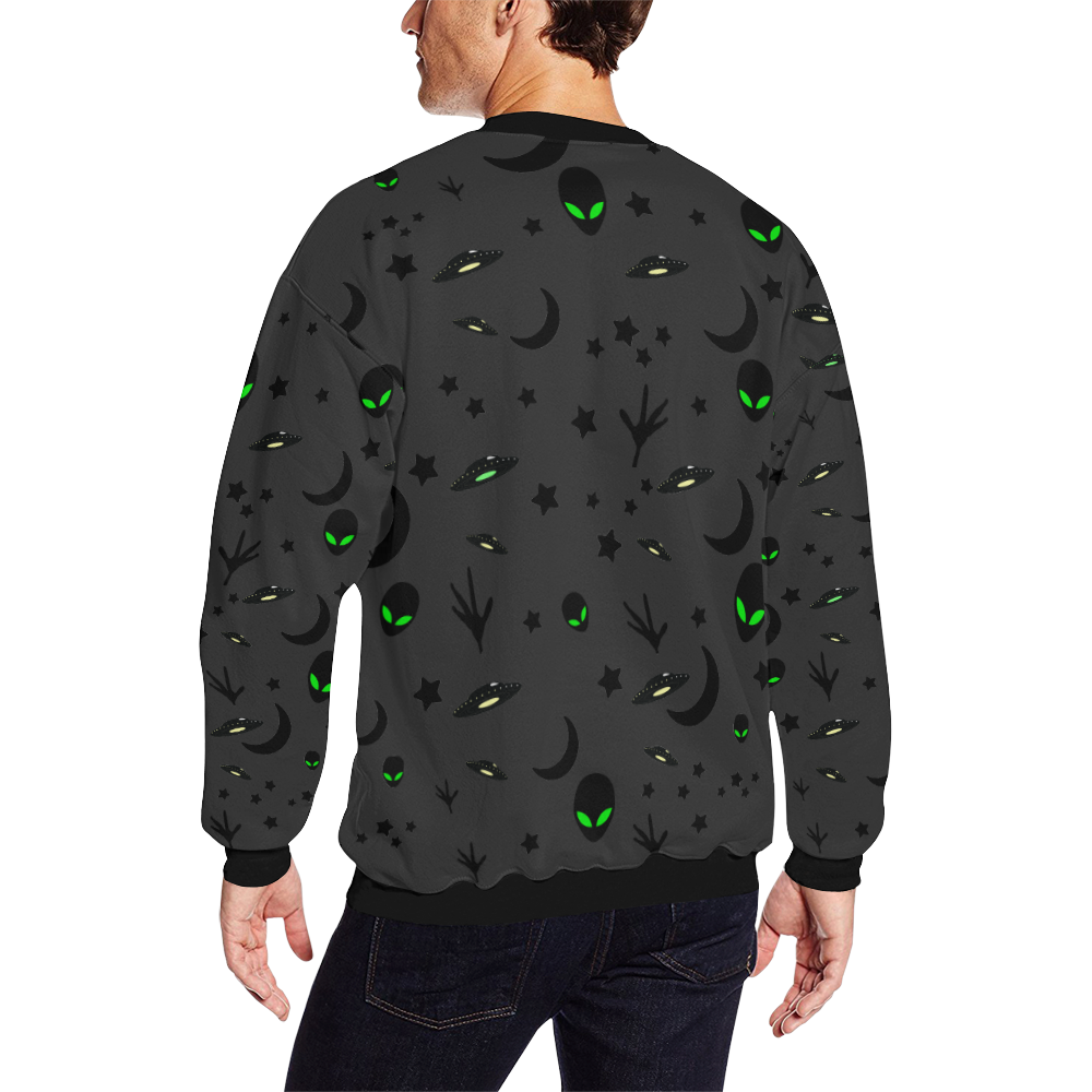 Alien Flying Saucers Stars Pattern on Charcoal All Over Print Crewneck Sweatshirt for Men (Model H18)