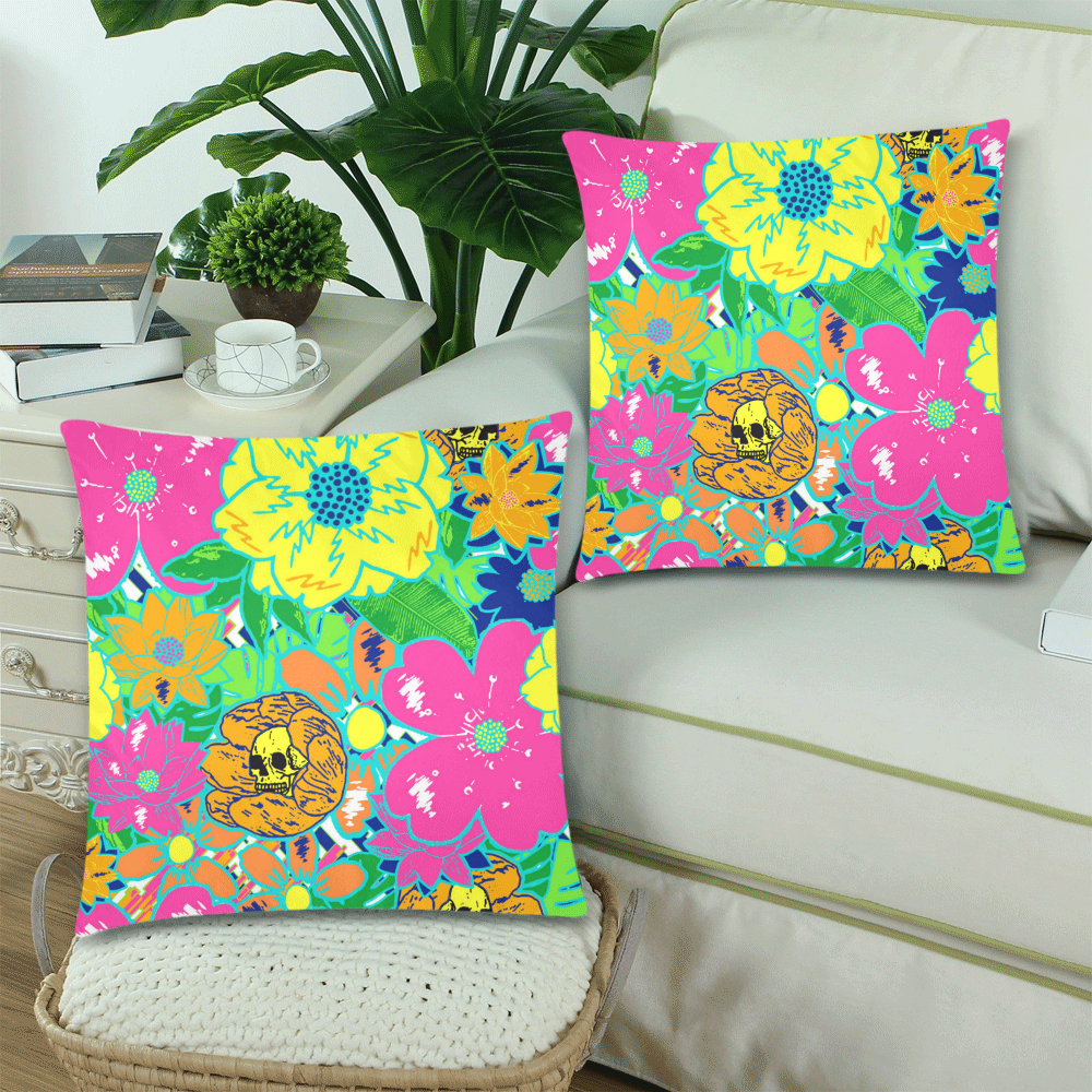 Summer Fun Skulls Colorful Floral Custom Zippered Pillow Cases 18"x 18" (Twin Sides) (Set of 2)