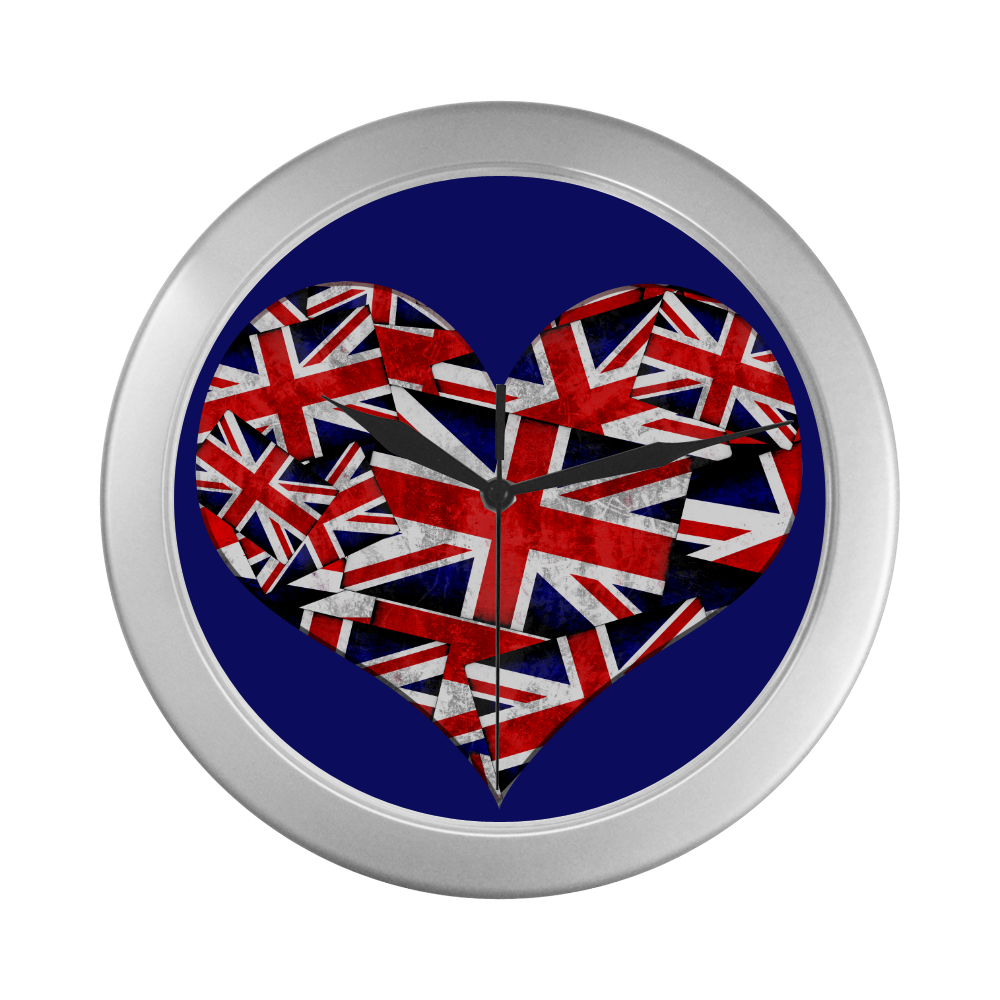 Union Jack British UK Flag Heart Blue Silver Color Wall Clock