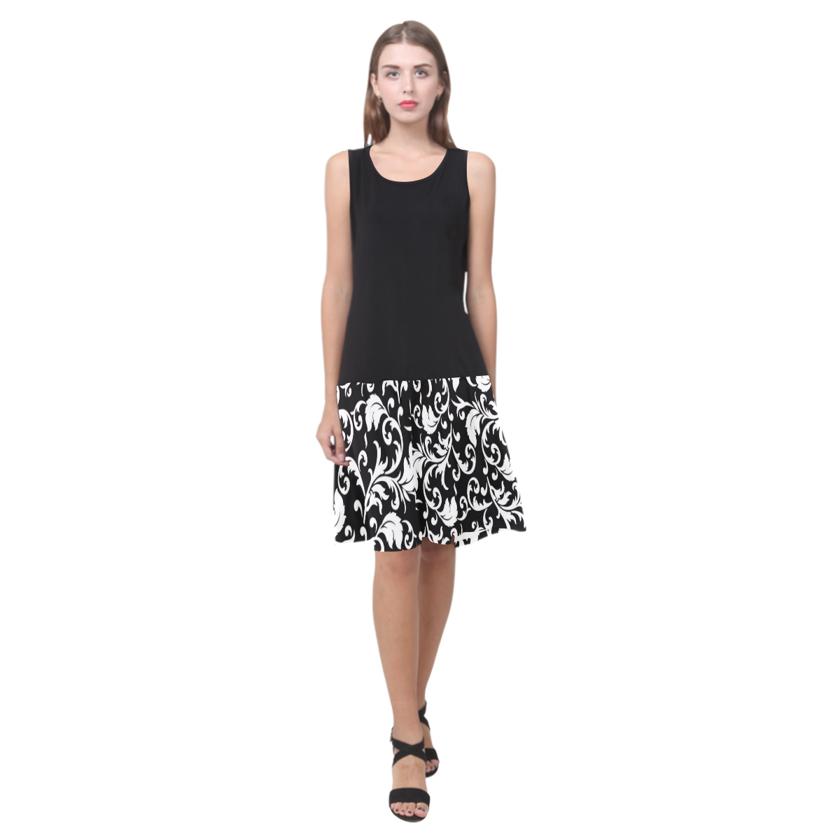 Black and White Floral Swirl Pattern Sleeveless Splicing Shift Dress(Model D17)