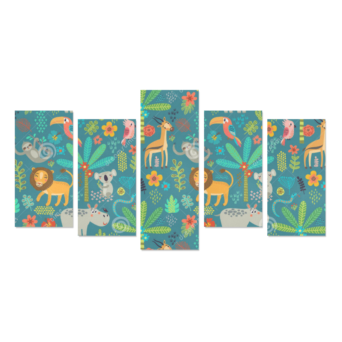 seamless-pattern-jungle-animals-flowers-trees-9181 Canvas Print Sets E (No Frame)