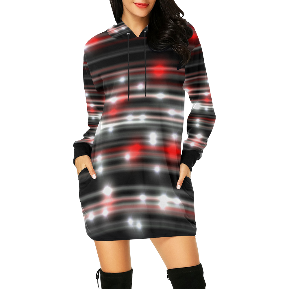 LIT (Black/White/Red) All Over Print Hoodie Mini Dress (Model H27)