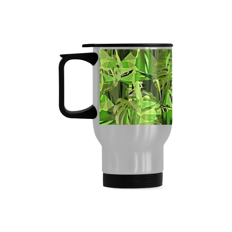 Tropical Jungle Leaves Camouflage Travel Mug (Silver) (14 Oz)
