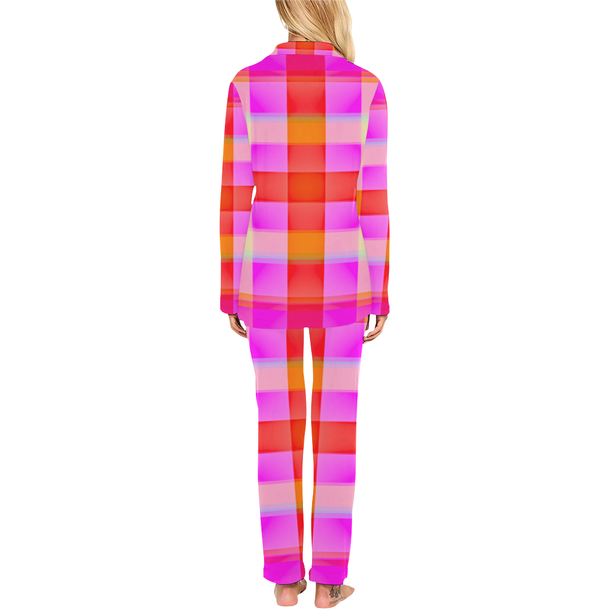 Orange Pink Plaid Women's Long Pajama Set