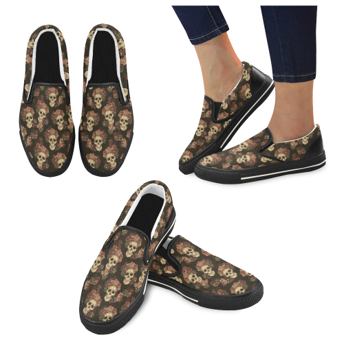 Skull and Rose Pattern Slip-on Canvas Shoes for Kid (Model 019)