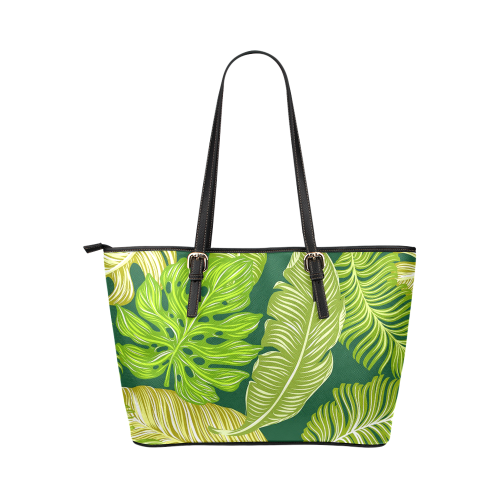 tropical green leaves Leather Tote Bag/Large (Model 1651)