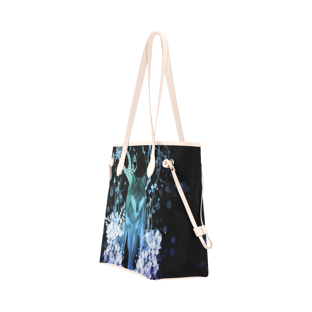Awesome wolf with flowers Clover Canvas Tote Bag (Model 1661)