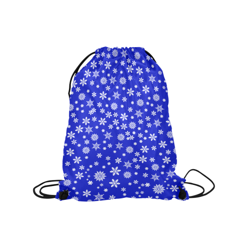 Christmas White Snowflakes on Blue Medium Drawstring Bag Model 1604 (Twin Sides) 13.8"(W) * 18.1"(H)