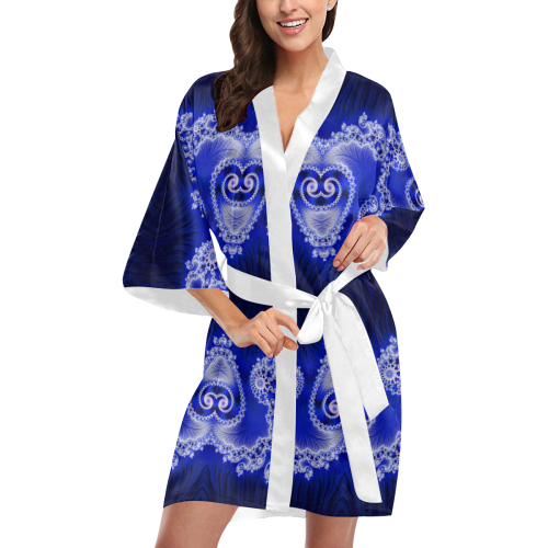 Blue and White Hearts  Lace Fractal Abstract Kimono Robe
