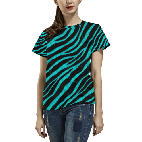 Ripped SpaceTime Stripes - Cyan All Over Print T-Shirt for Women (USA Size) (Model T40)