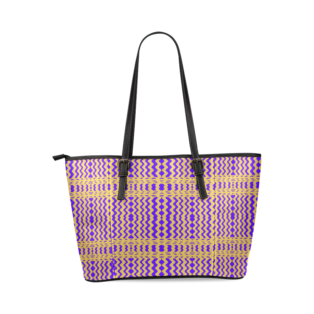 Purple Yellow Modern  Waves Lines Leather Tote Bag/Large (Model 1640)