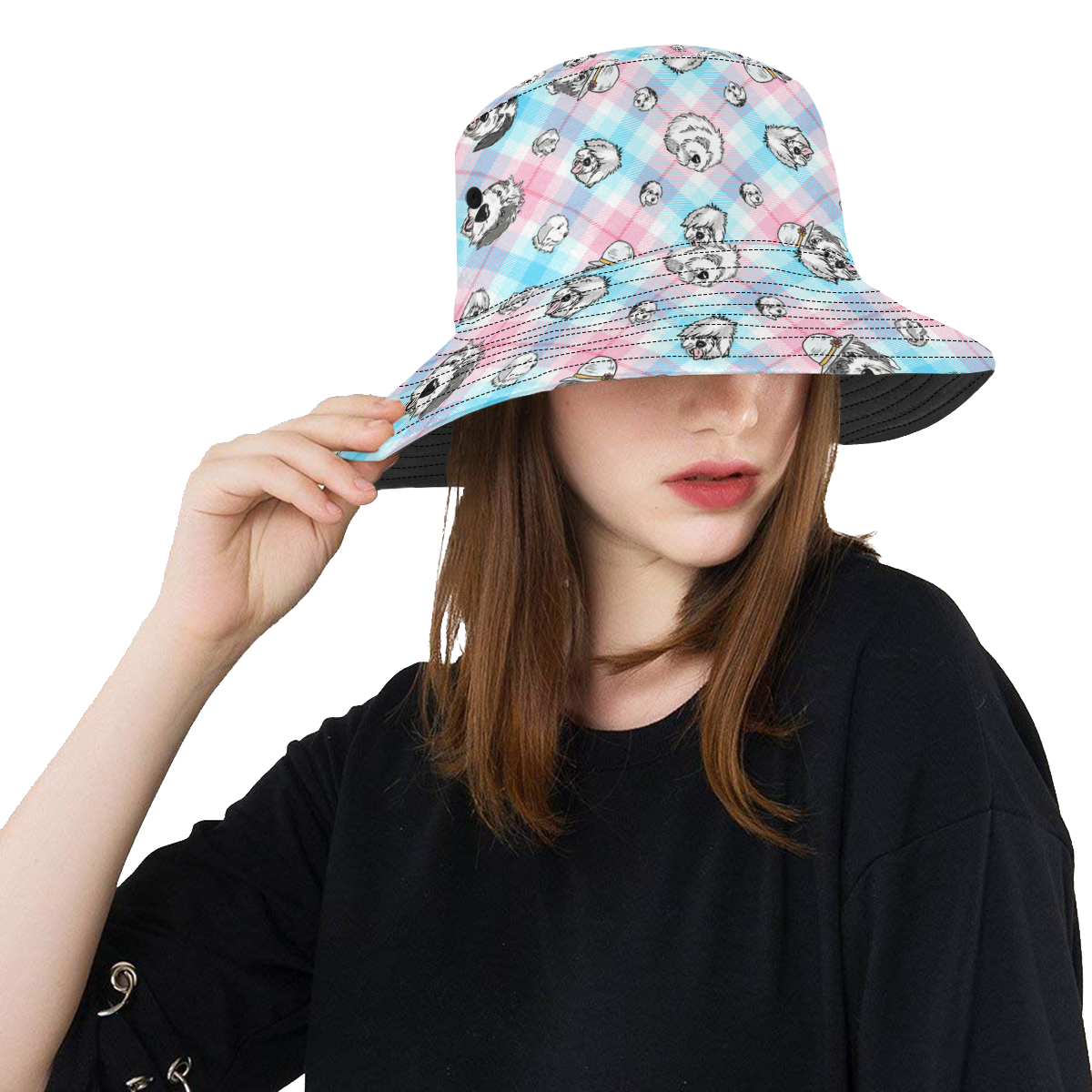 pink and blue plaid  SHEEPIEs All Over Print Bucket Hat