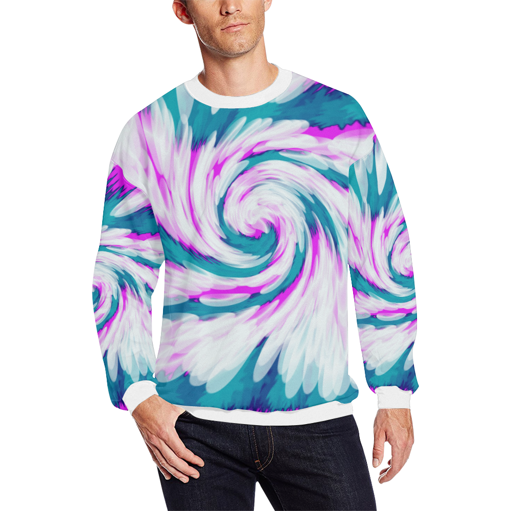 Turquoise Pink Tie Dye Swirl Abstract Men's Oversized Fleece Crew Sweatshirt (Model H18)