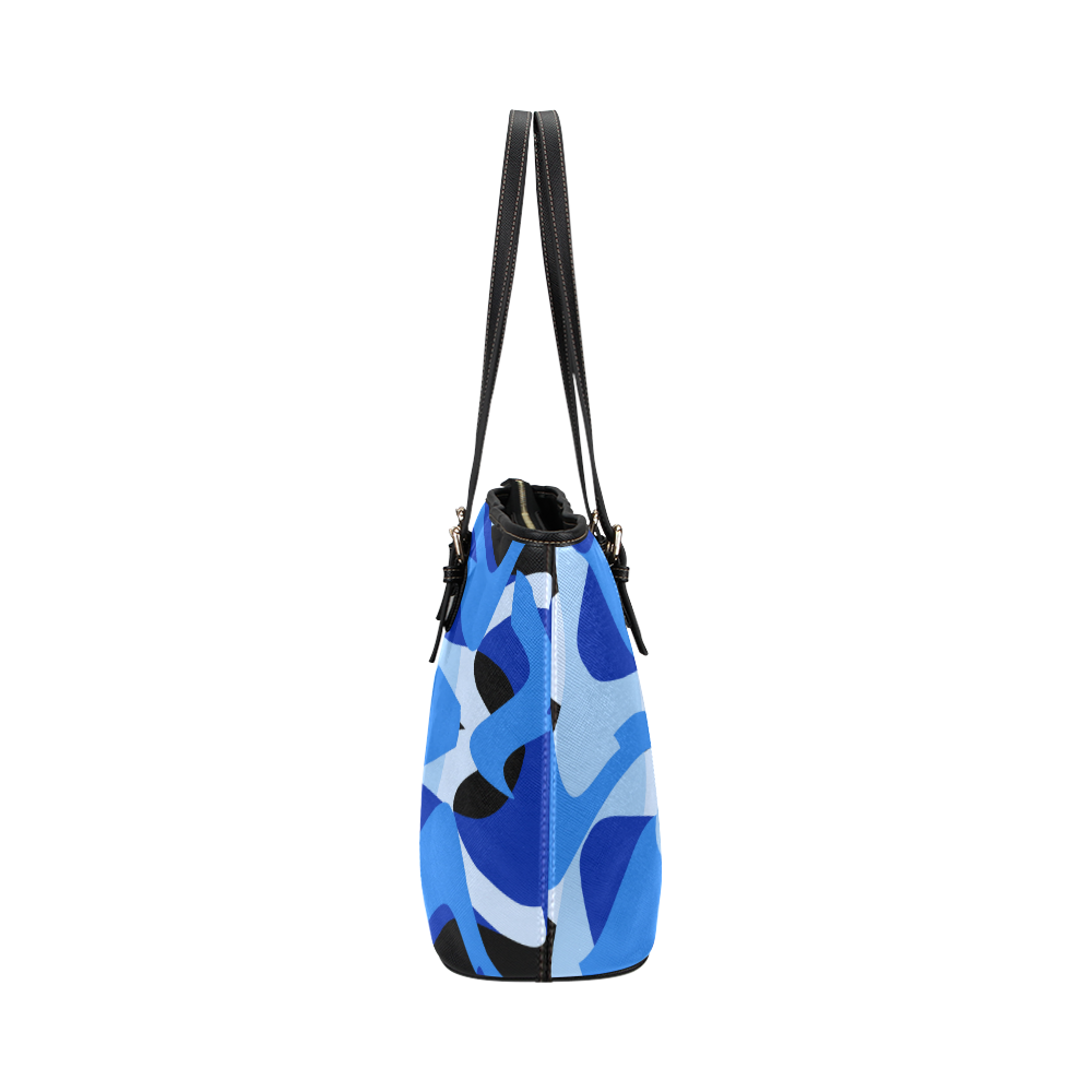Camouflage Abstract Blue and Black Leather Tote Bag/Large (Model 1651)
