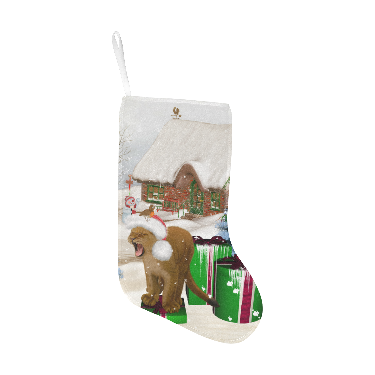 Christmas cute little lion with christmas hat Christmas Stocking (Without Folded Top)