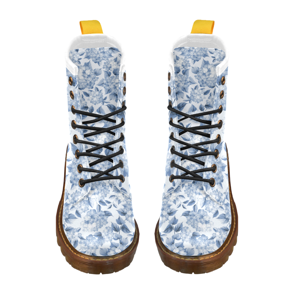Blue and White Floral Pattern High Grade PU Leather Martin Boots For Women Model 402H