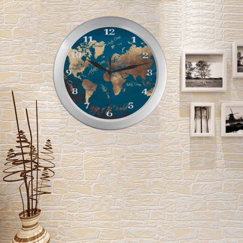 world map watch 6 Silver Color Wall Clock