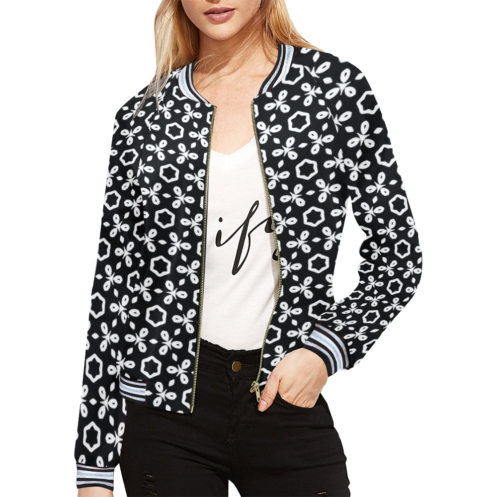 geometric pattern black and white All Over Print Bomber Jacket for Women (Model H21)