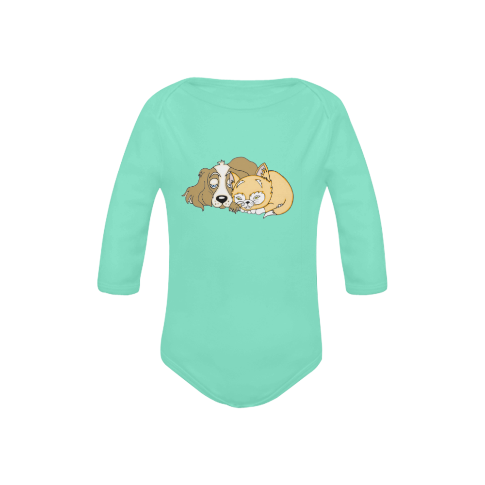 Napping Dog And Kitten Green Baby Powder Organic Long Sleeve One Piece (Model T27)