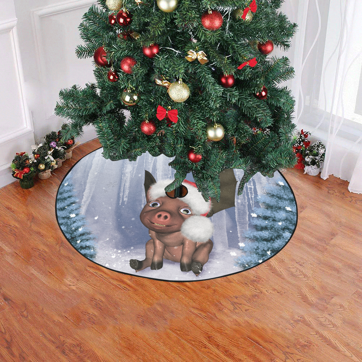 Christmas, cute little piglet with christmas hat Christmas Tree Skirt 47" x 47"