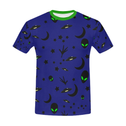 Alien Flying Saucers Stars Pattern on Blue/Green Trim All Over Print T-Shirt for Men/Large Size (USA Size) Model T40)