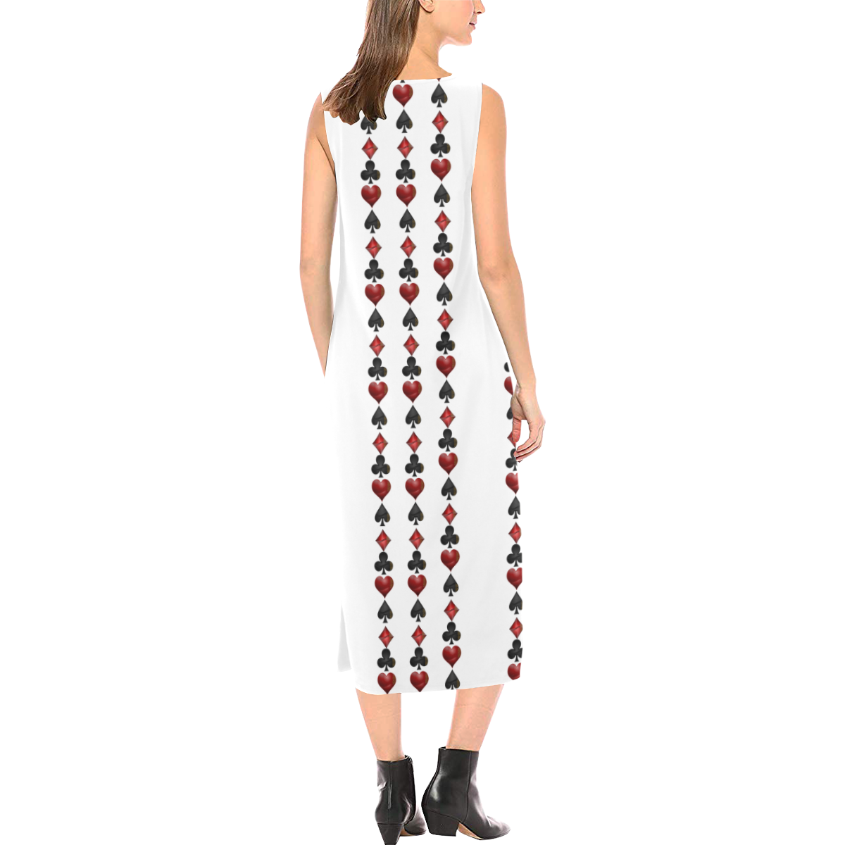 Las Vegas Black and Red Poker Casino Card Shapes on White Phaedra Sleeveless Open Fork Long Dress (Model D08)