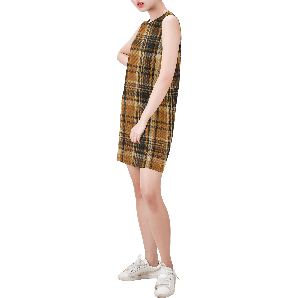 TARTAN DESIGN Sleeveless Round Neck Shift Dress (Model D51)