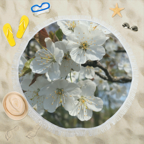 white flower Circular Beach Shawl 59"x 59"