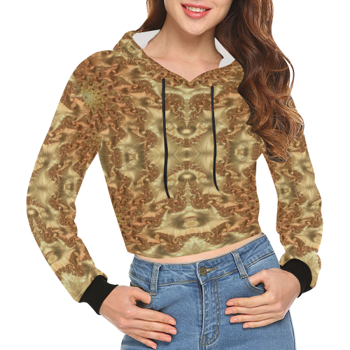 Swirls of Gold Metallic Leaves Fractal Abstract All Over Print Crop Hoodie for Women (Model H22)