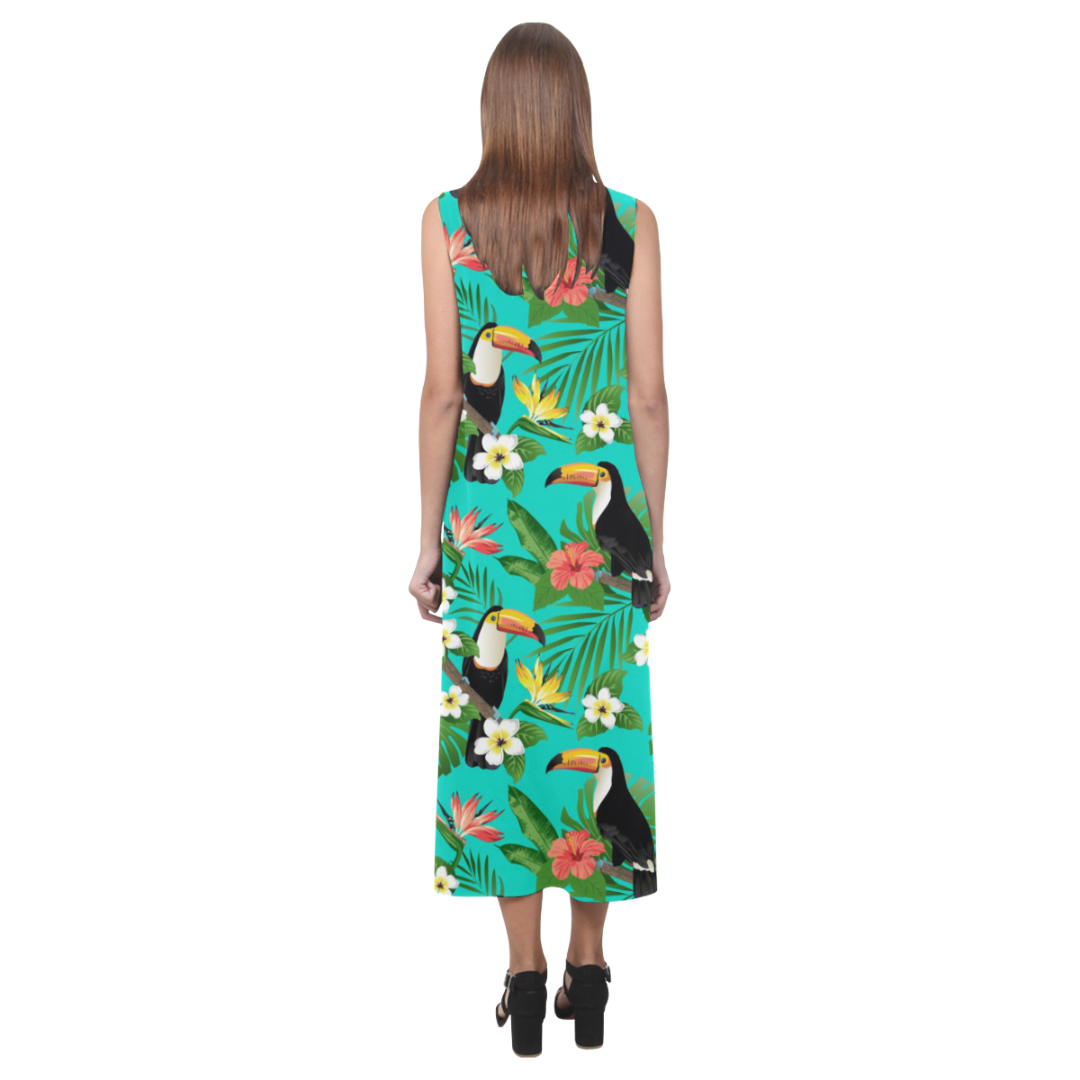 Tropical Summer Toucan Pattern Phaedra Sleeveless Open Fork Long Dress (Model D08)