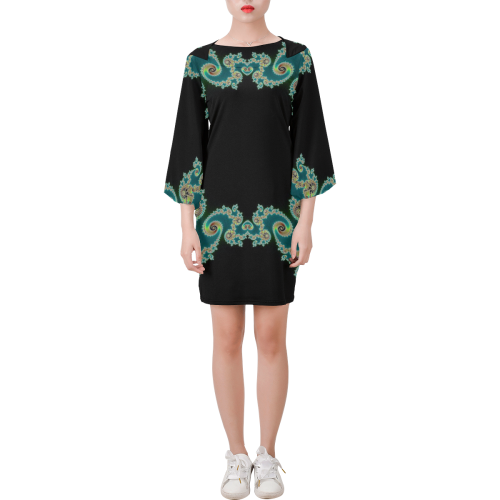 Aqua and Black  Hearts Lace Fractal Abstract Bell Sleeve Dress (Model D52)