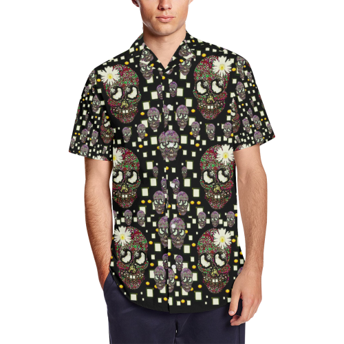 Floral skulls with sugar on Men's Short Sleeve Shirt with Lapel Collar (Model T54)