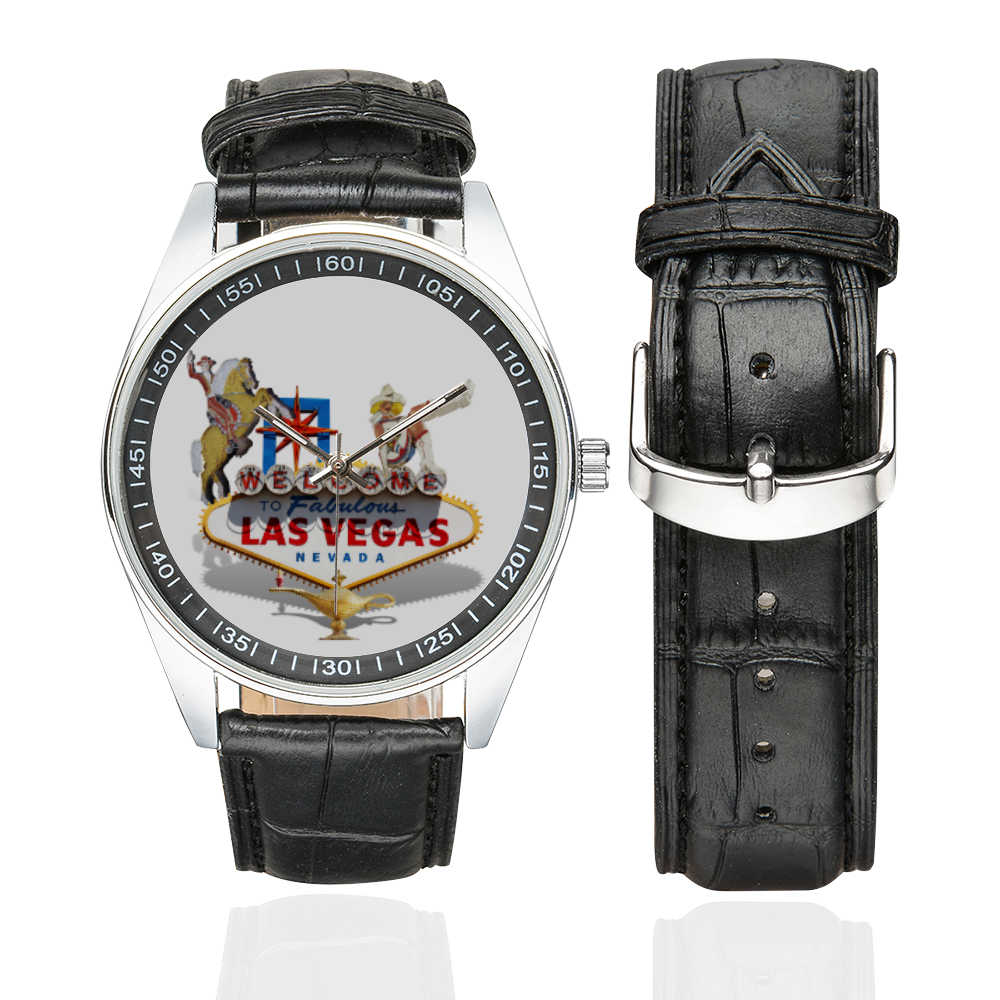 Las Vegas Welcome Sign Men's Casual Leather Strap Watch(Model 211)