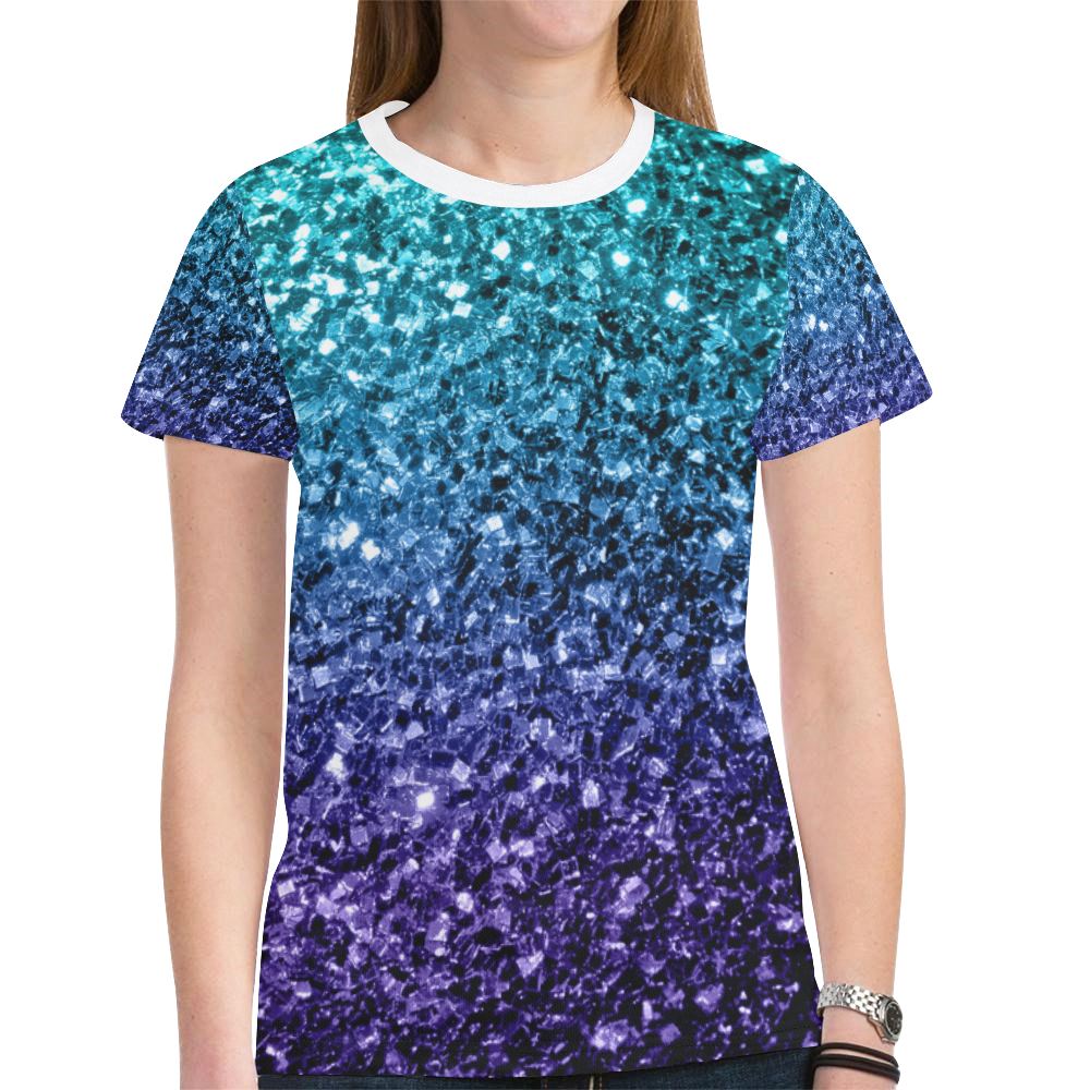 Beautiful Aqua blue Ombre glitter sparkles New All Over Print T-shirt for Women (Model T45)