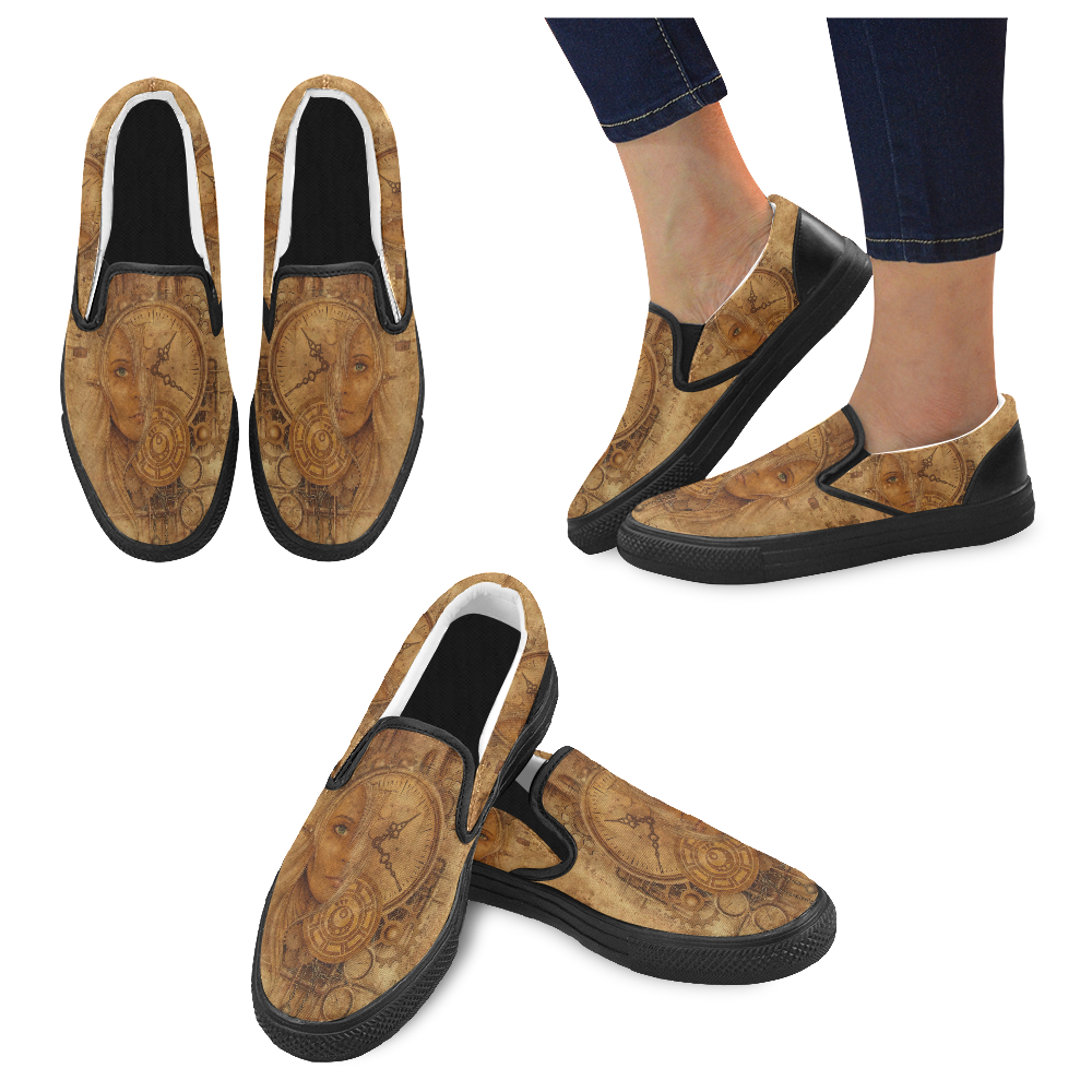 A Time Travel Of STEAMPUNK 1 Women's Unusual Slip-on Canvas Shoes (Model 019)