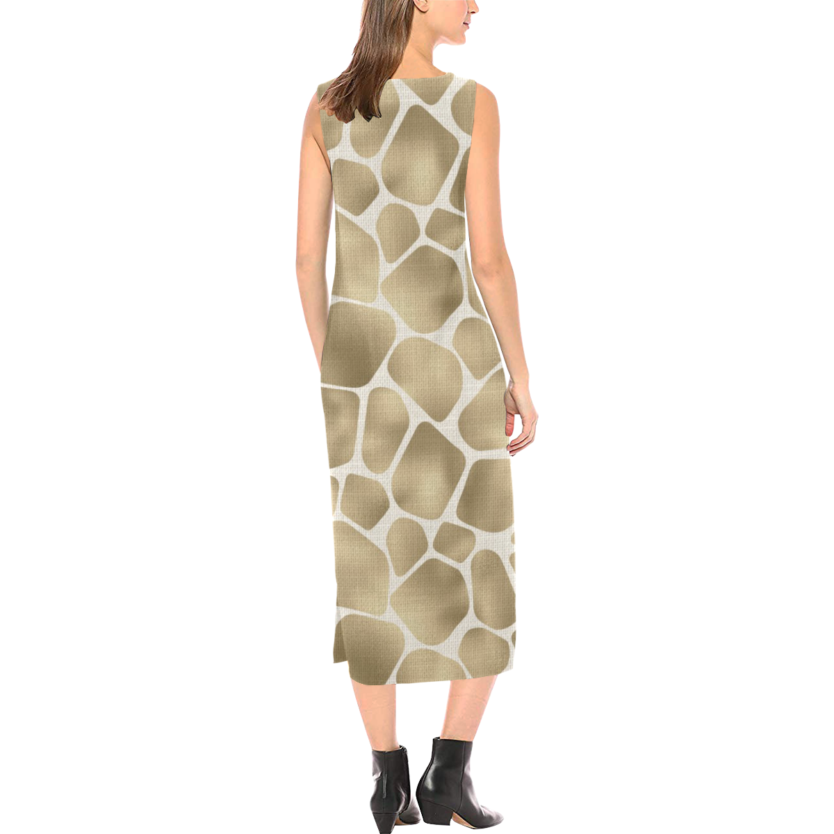 Linen Giraffe Print Phaedra Sleeveless Open Fork Long Dress (Model D08)