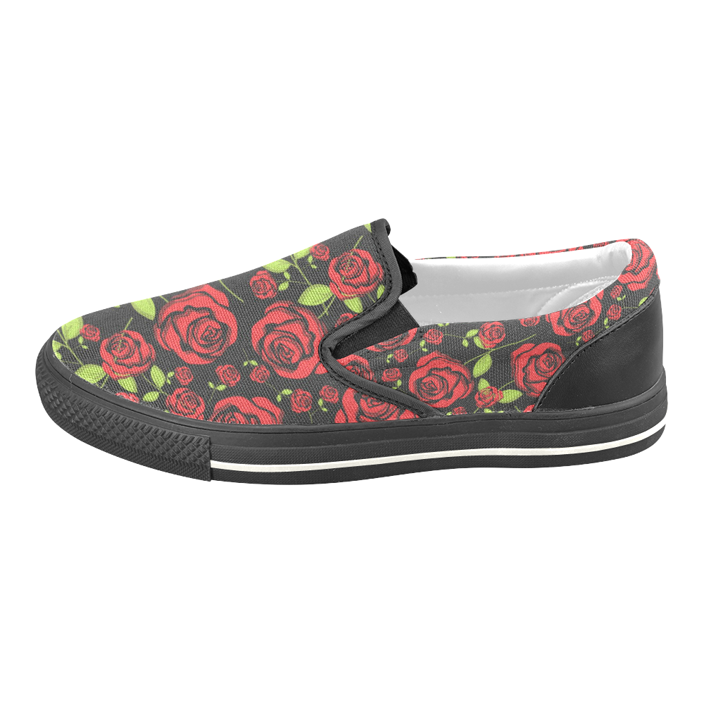 Red Roses on Black Women's Unusual Slip-on Canvas Shoes (Model 019)