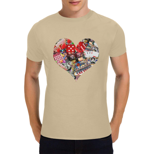 Heart Playing Card Shape - Las Vegas Icons on Brown Men's Heavy Cotton T-Shirt/Large (Two Side Printing)