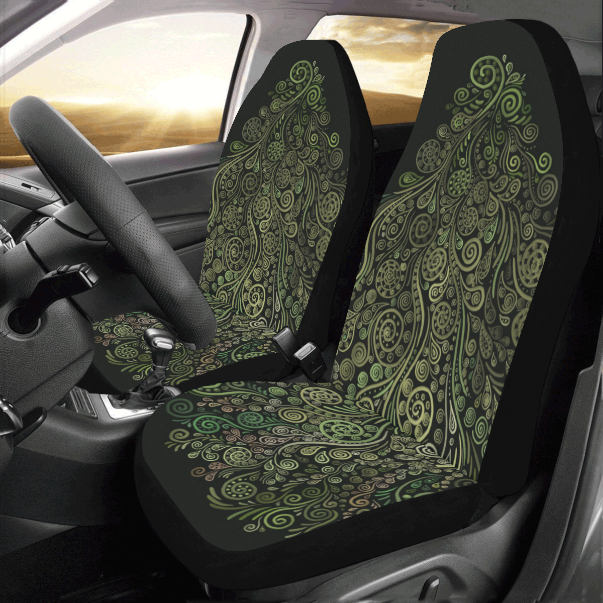 3D Psychedelic Fantasy Tree, green on black Car Seat Covers (Set of 2)