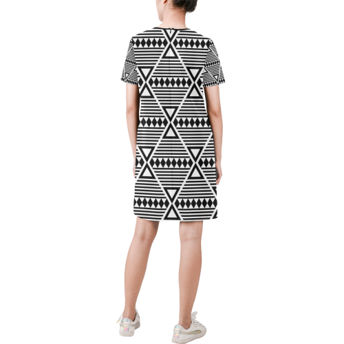 Black Aztec Tribal Short-Sleeve Round Neck A-Line Dress (Model D47)