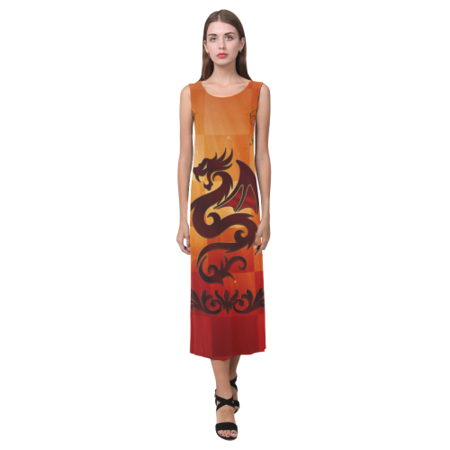 Tribal dragon  on vintage background Phaedra Sleeveless Open Fork Long Dress (Model D08)