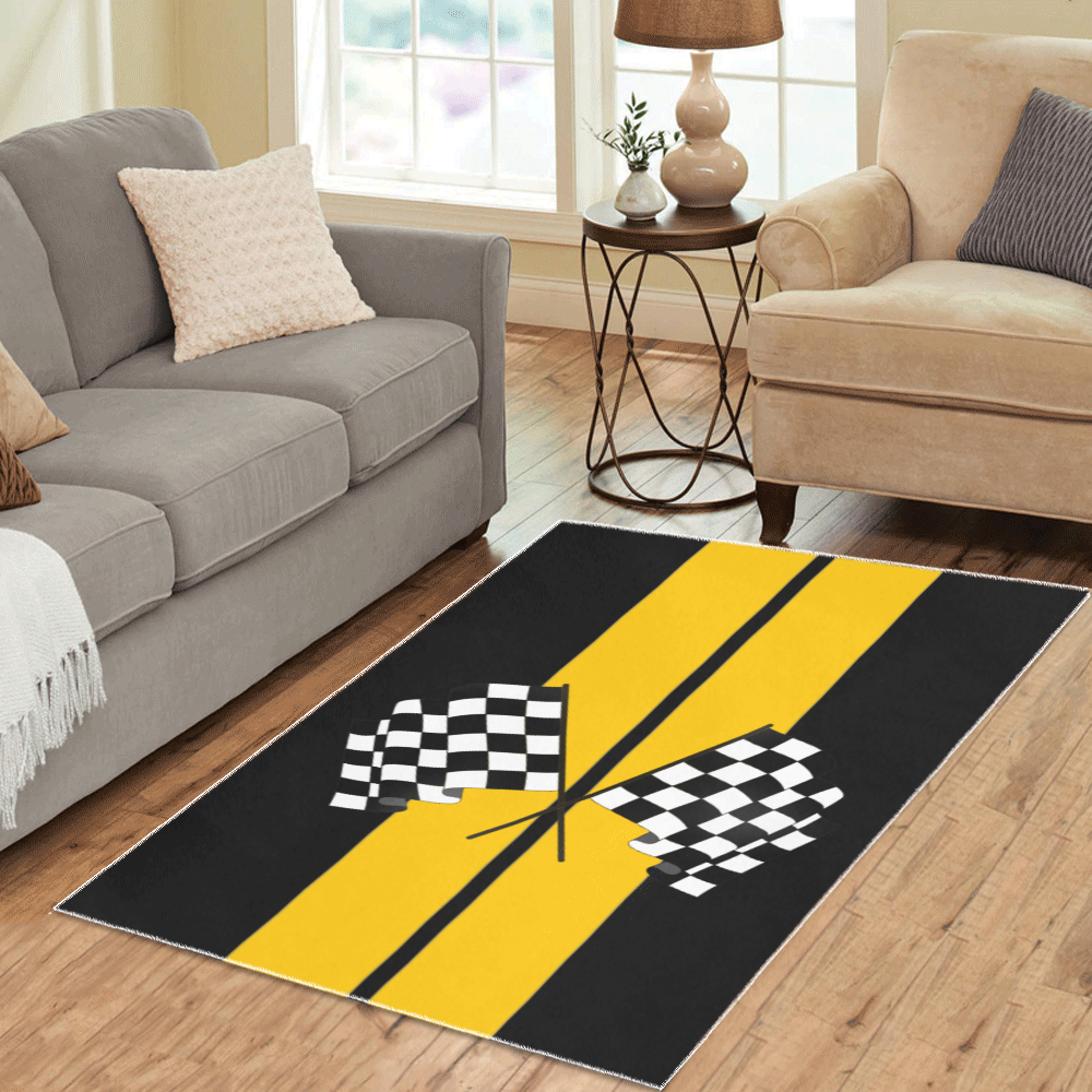 Checkered Flags, Race Car Stripe Black and Yellow Area Rug 5'x3'3''
