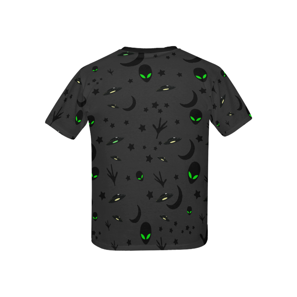 Alien Flying Saucers Stars Pattern on Charcoal Kids' All Over Print T-Shirt with Solid Color Neck (Model T40)