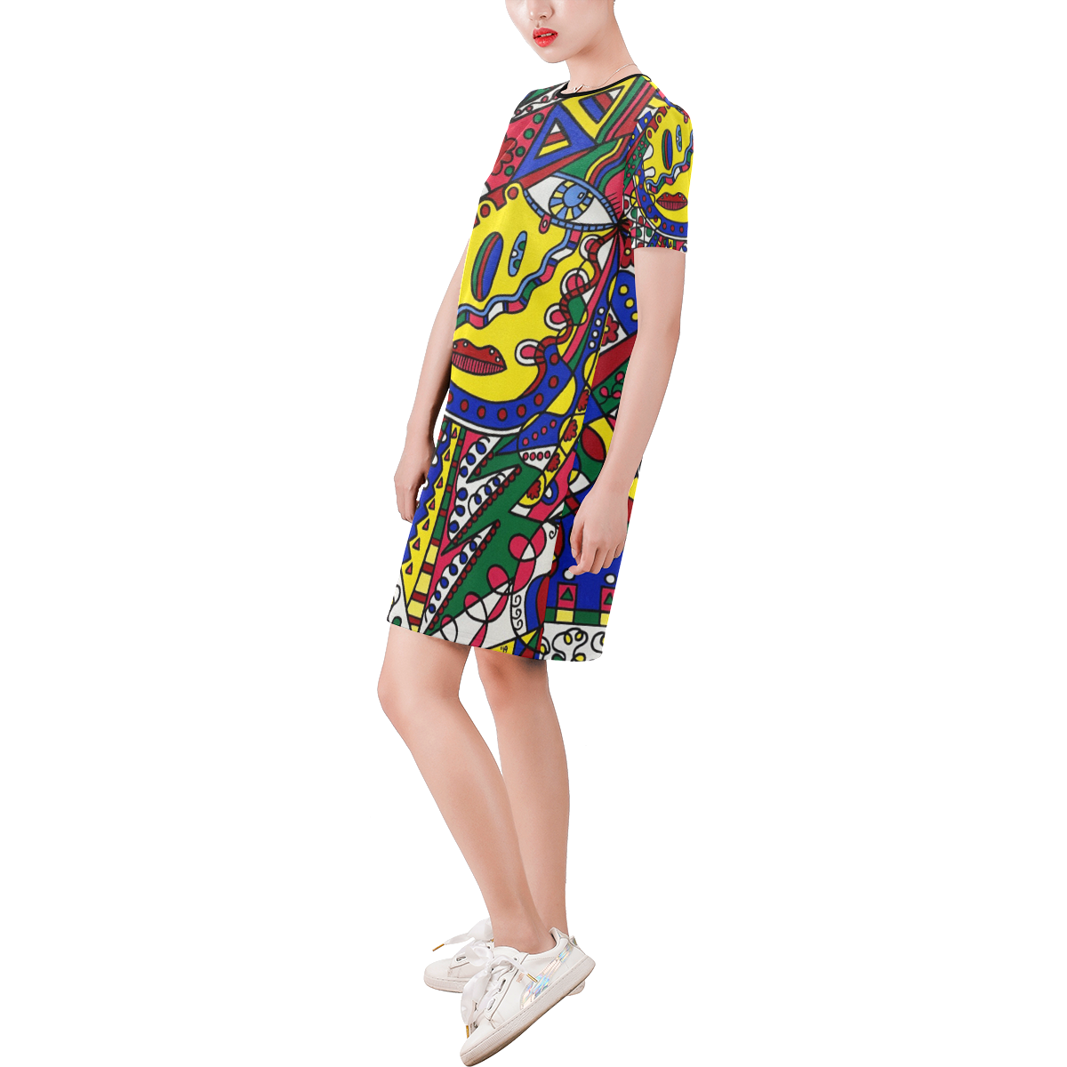 Whimsical Short-Sleeve Round Neck A-Line Dress (Model D47)