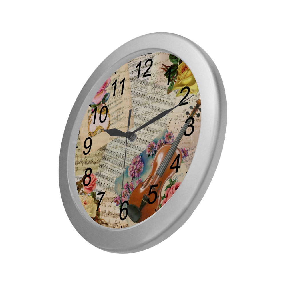 Music And Roses Silver Color Wall Clock