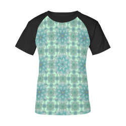 Turquoise Happiness, Lotus pattern Women's Raglan T-Shirt/Front Printing (Model T62)