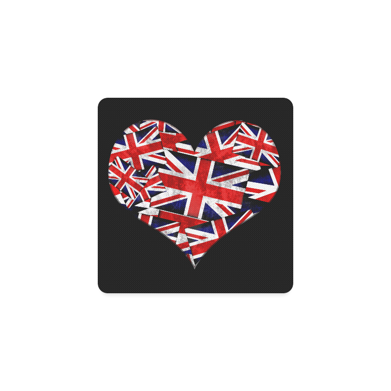 Union Jack British UK Flag Heart Black Square Coaster